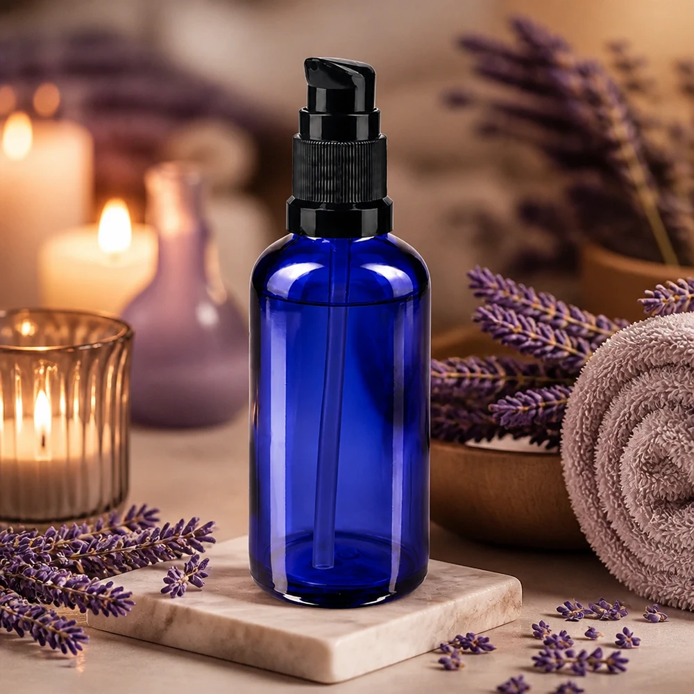Kleine blaue Glasflasche mit schwarzer Pumpe 50ml ideal für ätherische Öle