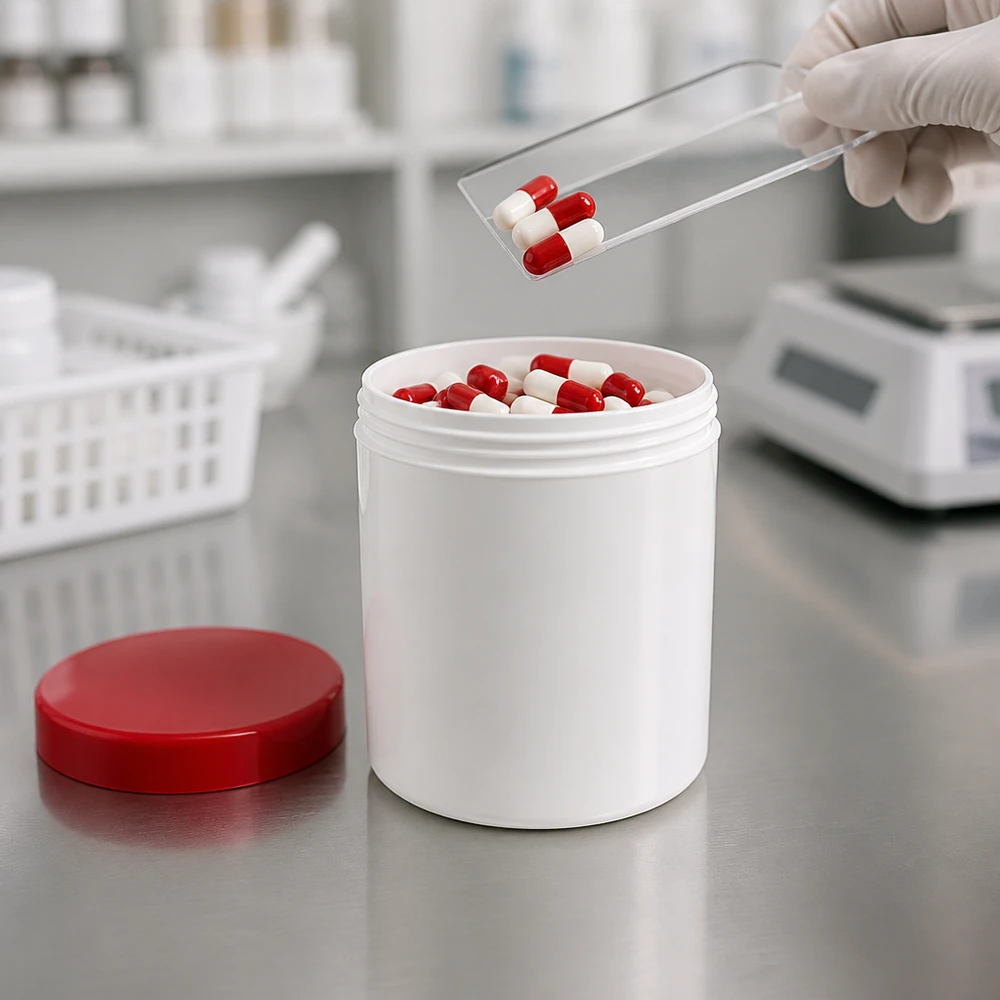 Dosage manuel dans un pot à pommade en PP de 10 g muni d'un couvercle à vis rouge, dans des conditions de laboratoire