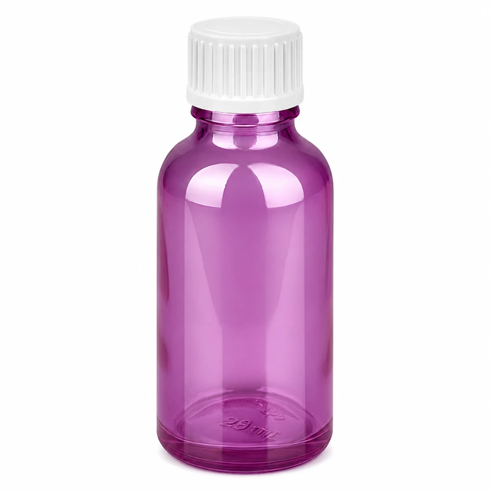 Flacon de 30ml (globules). Anneau de coulée 3mm blanc Standard PurpleLine. UT18/30 Flacon compact en verre violet de 30 ml avec couvercle blanc idéal pour les voyages et les applications mobiles