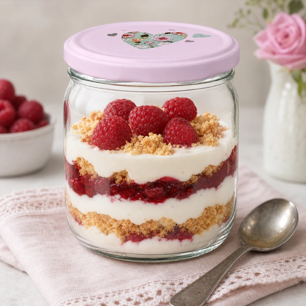 Dessert a strati trifle di quark ai lamponi in bicchiere rotondo da 425 ml Coperchio a cuore rosa Dessert con crumble servito in bicchiere