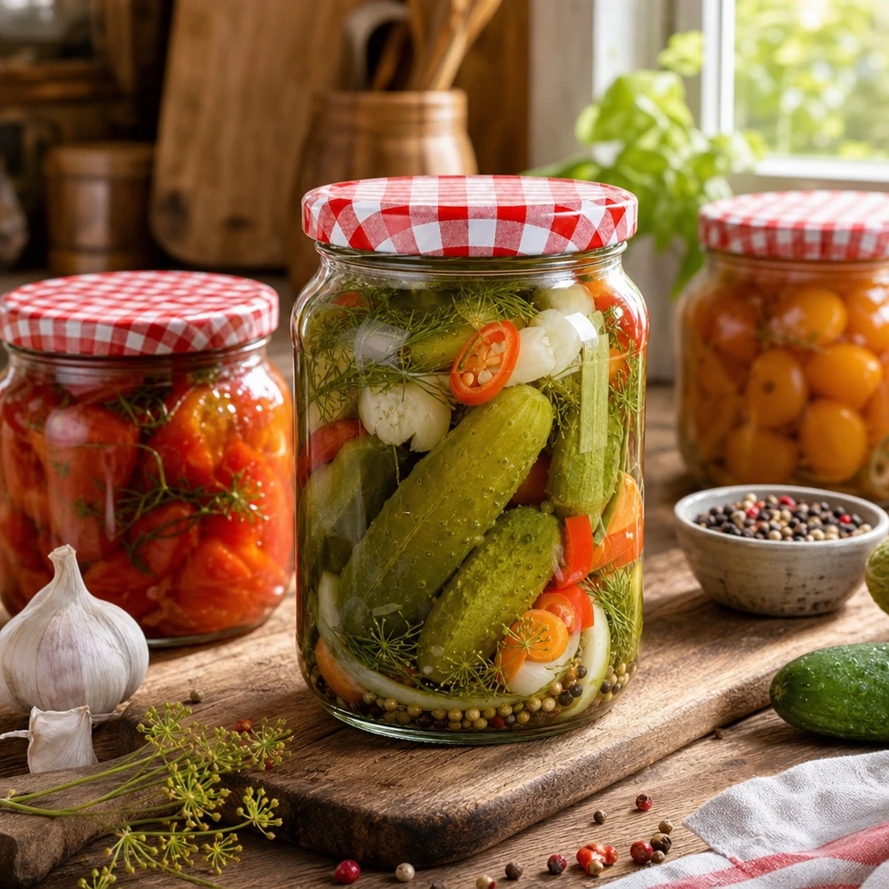 Barattolo rotondo da 1062 ml con coperchio a scacchi rossi e bianchi, riempito con cetriolini e verdure sottaceto in stile cucina rustica