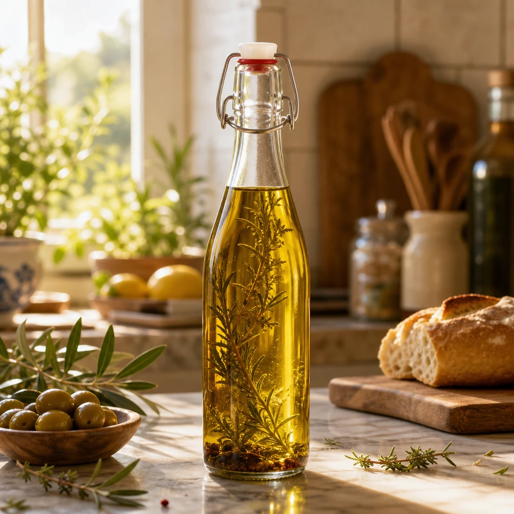 Bottiglia di vetro da 500 ml con tappo oscillante riempita di olio alle erbe rosmarino cucina mediterranea stoccaggio olio alle spezie