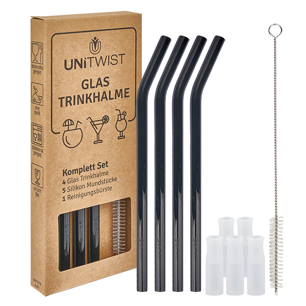 Glas Trinkhalm Set schwarz mit Softtips UNiTWIST