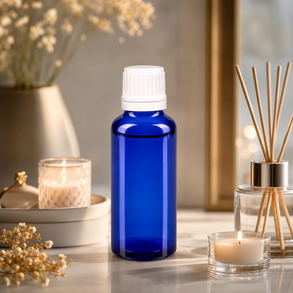 Apothekenflasche blau 30ml Tropfverschluss 1.2mm weiß Originalitätsverschluss Blaue Apothekerflasche 30ml mit feinem 0,7mm Tropfeinsatz für präzise Dosierung ätherischer Öle