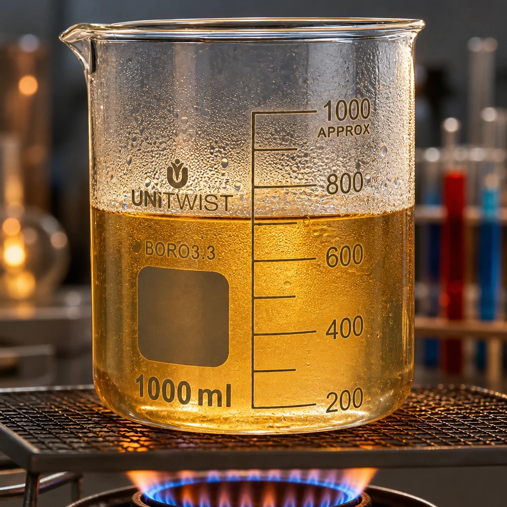 Bicchiere da 1000 ml in borosilicato, stampo basso UNiTWIST Bicchiere da laboratorio UNiTWIST da 1000 ml in borosilicato su un bruciatore a gas con un liquido giallo dorato a 600 ml