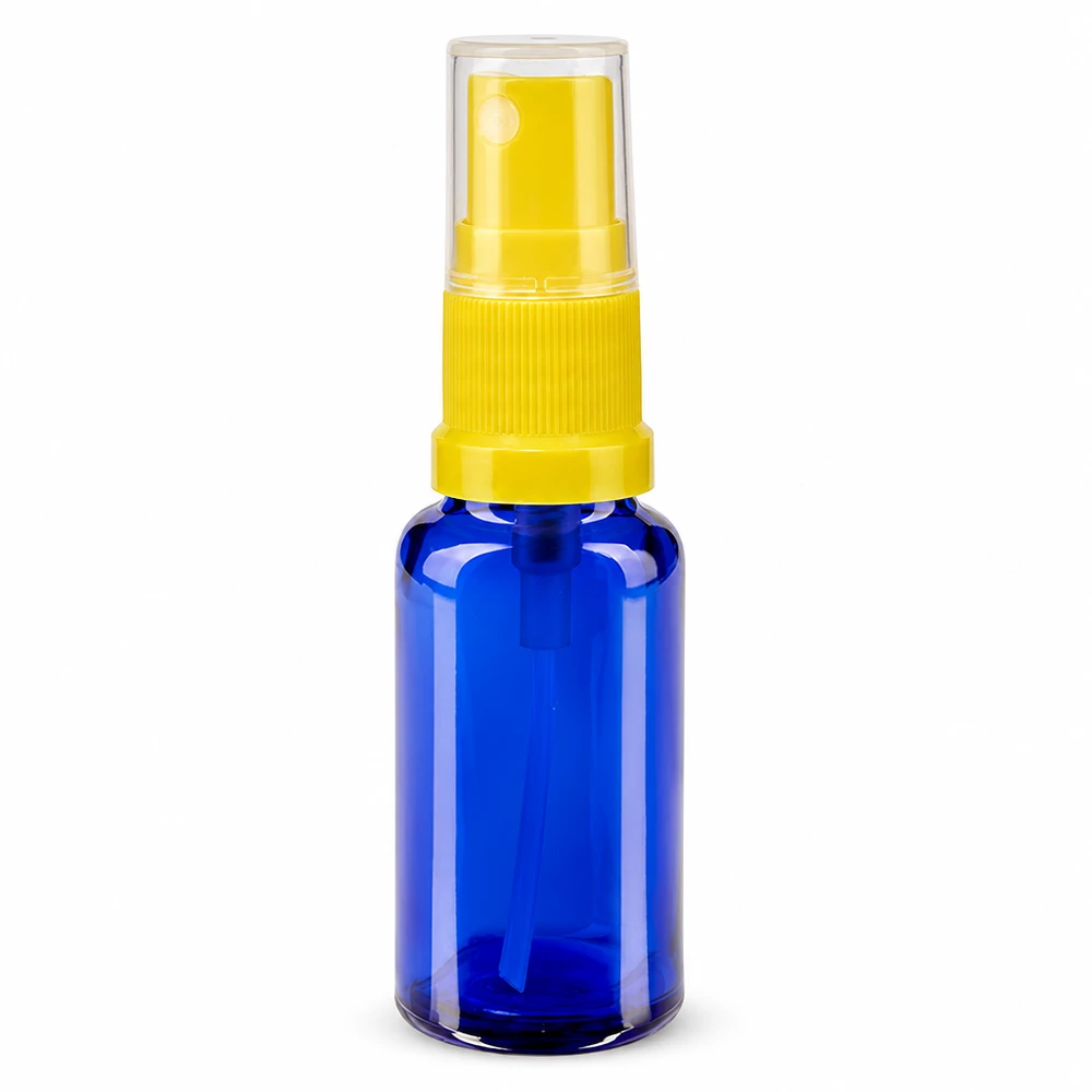 Apothekenflasche blau 20ml Sprayaufsatz gelb 20ml Minitflasche aus blauem Schutzglas mit gelbem Sprühaufsatz und transparenter Kappe STD