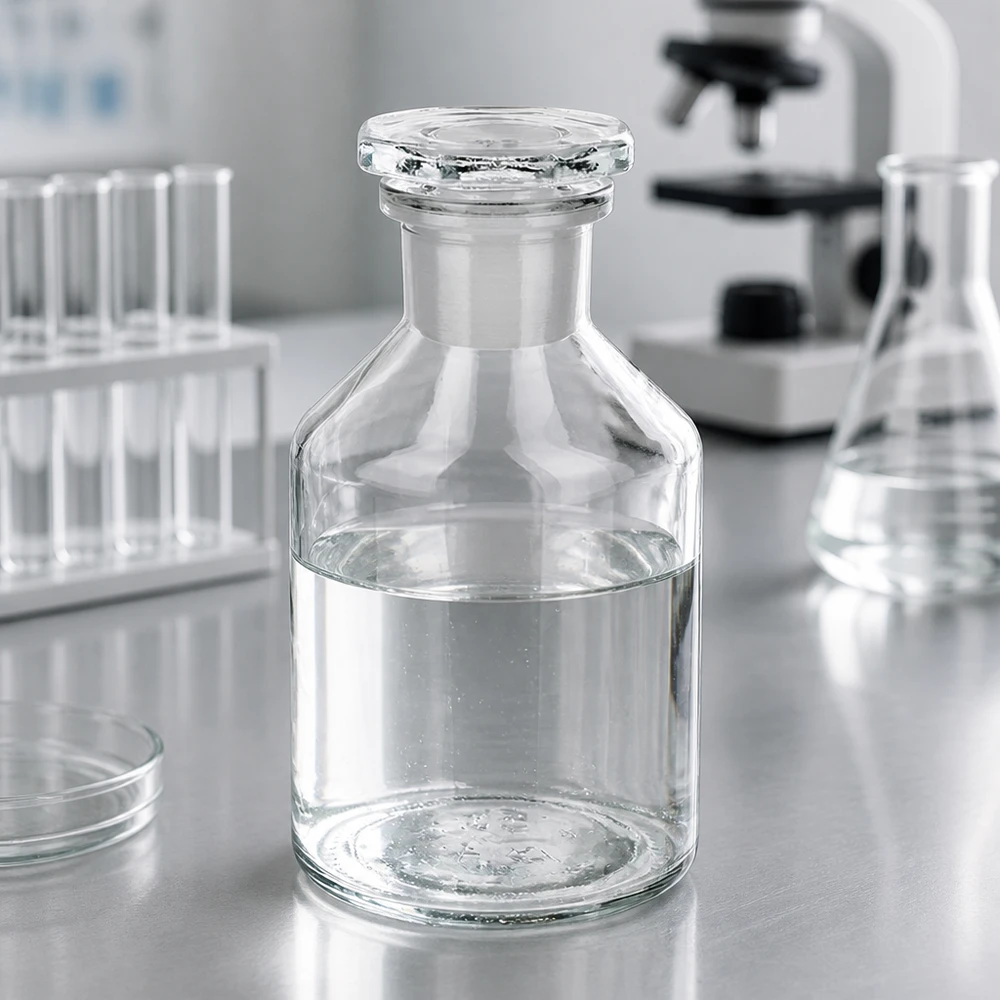 Bottiglia a collo alto 50ml in vetro trasparente con tappo a collo stretto Piccola fiala da laboratorio da 50 ml con collo stretto e tappo molato, appoggiata su un tavolo in acciaio inossidabile