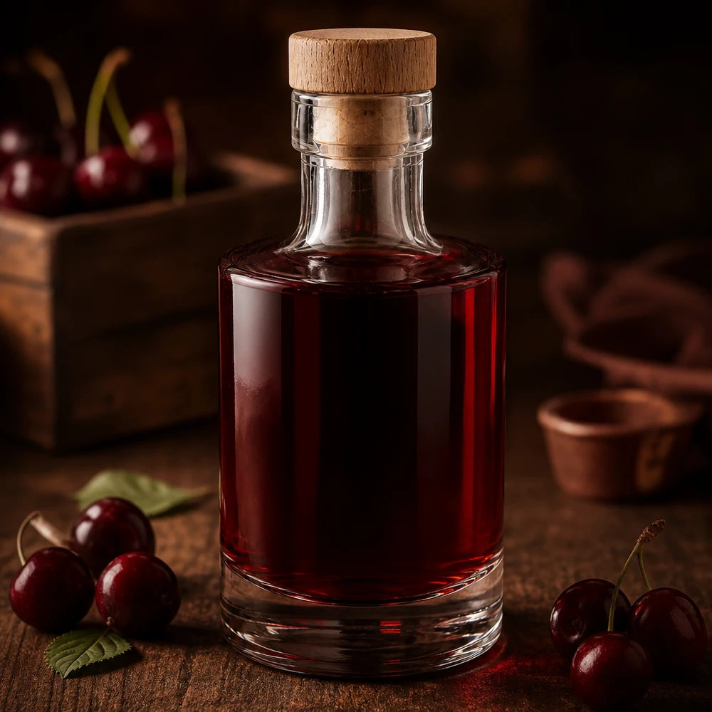 Bottiglia in vetro da 200 ml Marie con tappo in sughero con impugnatura in legno UNiTWIST® Bottiglia in vetro da 200 ml Marie con ripieno di liquore di ciliegie rosso scuro, tappo in legno, decorata con ciliegie fresche su una base in legno.