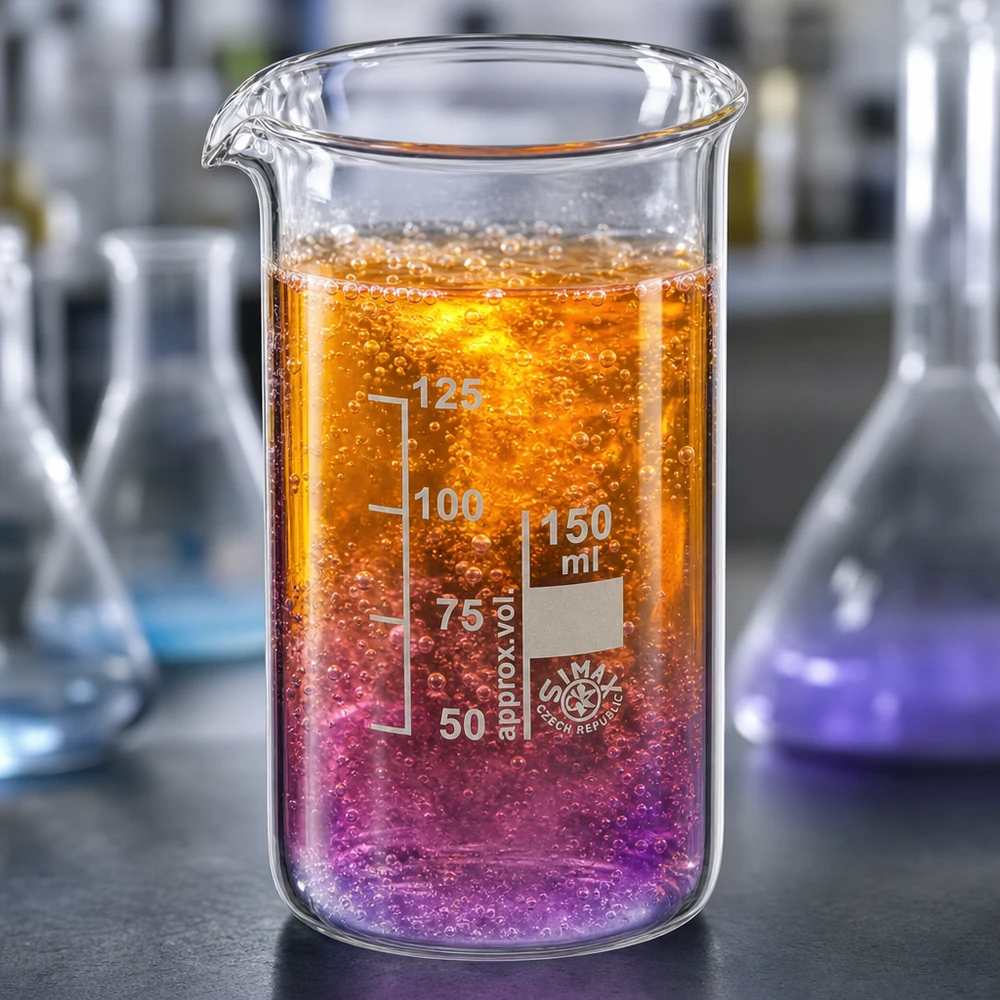 Bicchiere in vetro borosilicato da 150 ml, forma alta Bicchiere da laboratorio da 150 ml, di forma alta, contenente un liquido di reazione di colore arancione e viola