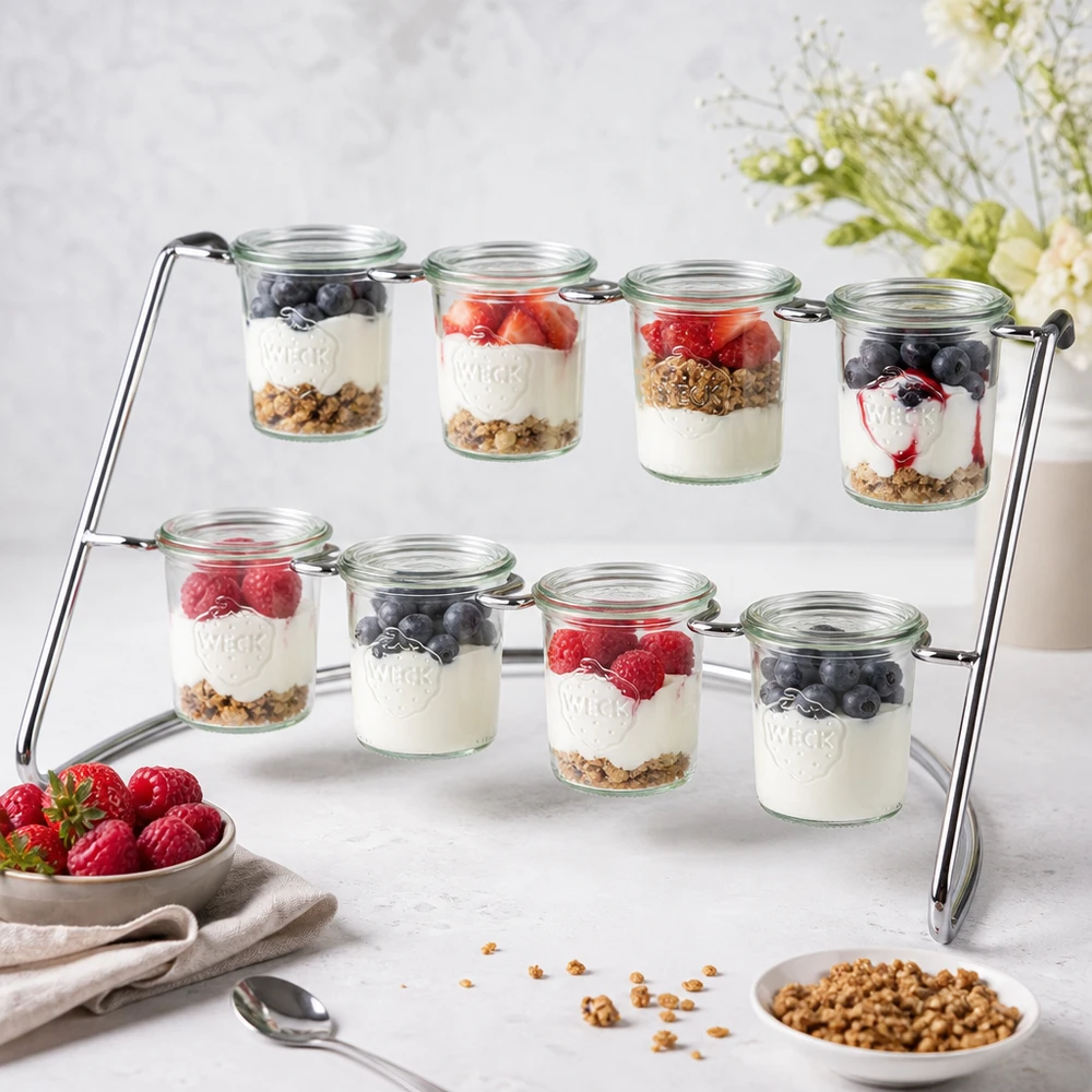 Présentoir Flato8 pour 8 bocaux WECK Serviergestell Flato8 mit Joghurt-Parfait und Beeren in WECK Gläsern als Dessert-Buffet auf weißer Marmorplatte