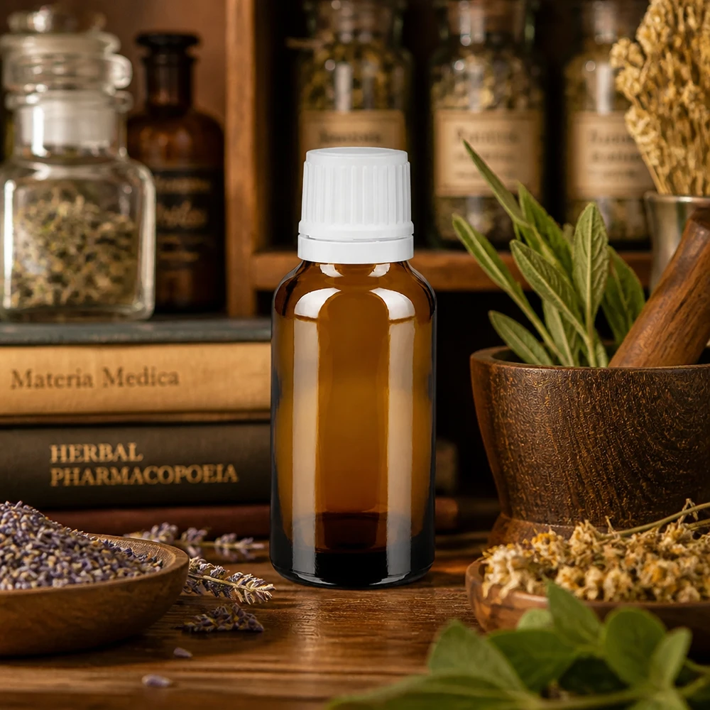 Apothekenflasche braun 20ml Tropfverschluss 1.2mm weiß Originalitätsverschluss Medizinische Braunglas Flasche 20ml mit weißem Tropfverschluss vor antiken Kräuterbüchern
