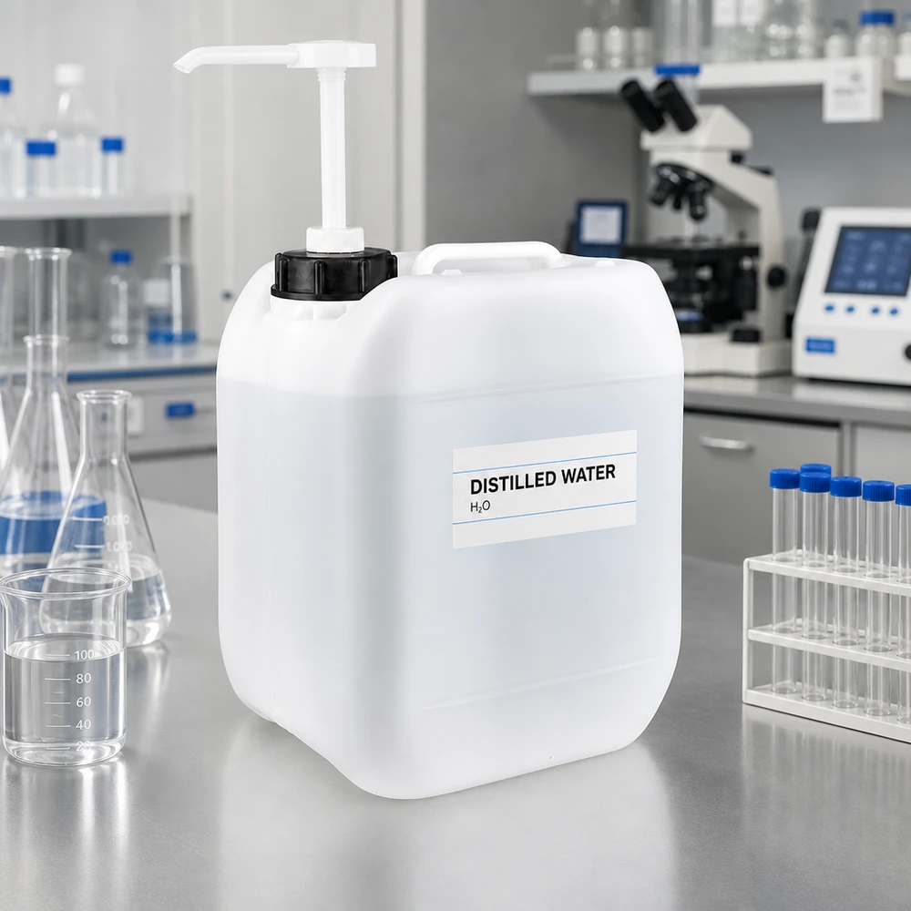 Kanister 5 Liter mit Dosierpumpe Rechteckiger HDPE Kanister 5L mit Ausgießer neben Reagenzgläsern und Mikroskop