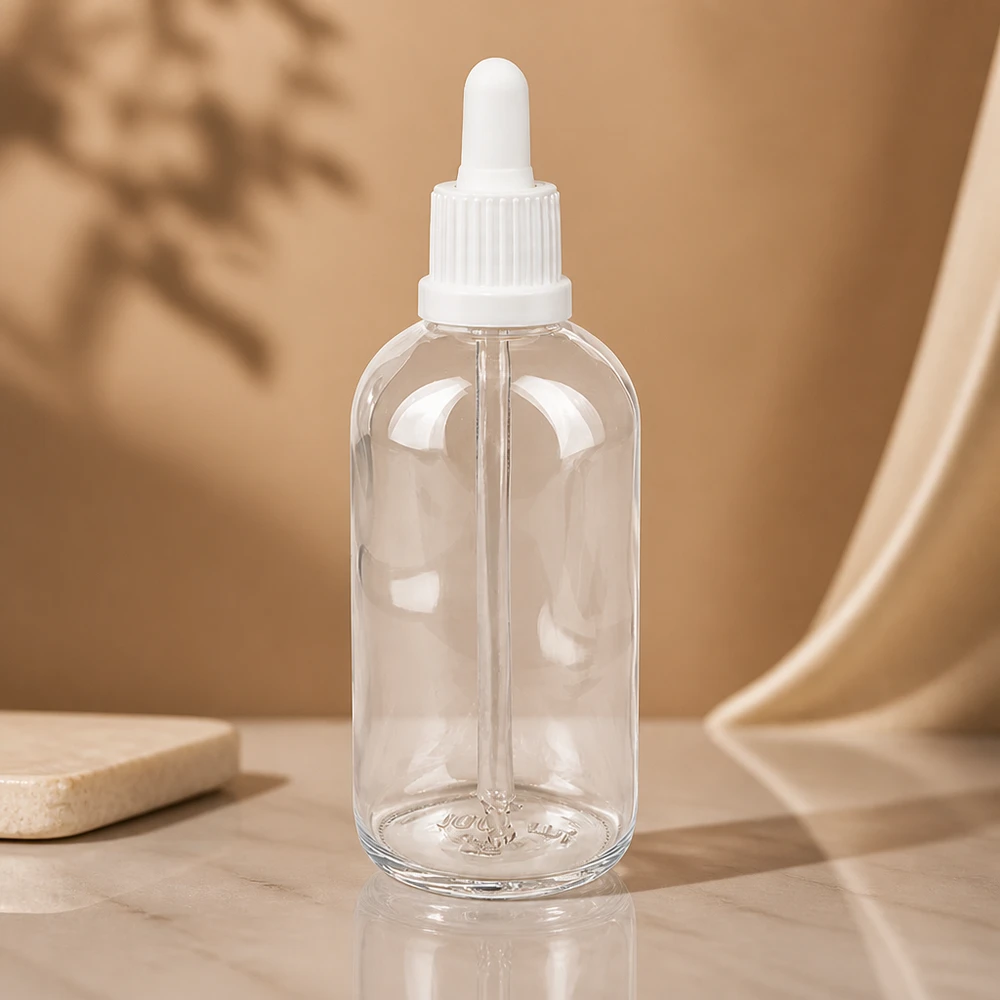 100ml Pipettenflasche weiß Originalitätsverschluss ClearLine UT18/100 Minimalistische 100ml Klarglasflasche ClearLine mit weißem Kunststoffpipettenkopf