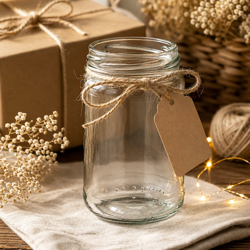 UNiTWIST Runda305 Rundglas 305ml TO63 Einmachglas mit Juteschnur und Anhänger auf rustikalem Holztisch dekoriert