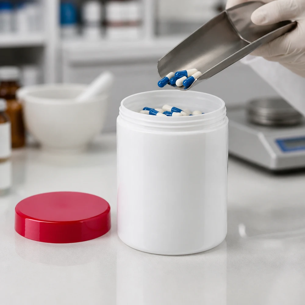 Pot à onguent blanc 75 g avec couvercle rouge (PP) Pot en PP de 75 g, blanc, avec couvercle à vis rouge ouvert, utilisé pour le conditionnement professionnel de médicaments