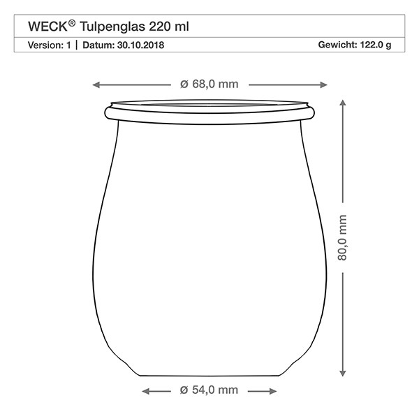 WECK mini vaso a tulipano 220ml completo di cucchiaio per miele Disegno tecnico del vaso WECK tulipano 220ml con dimensioni di 68 mm di diametro, 80 mm di altezza e 122 g di peso
