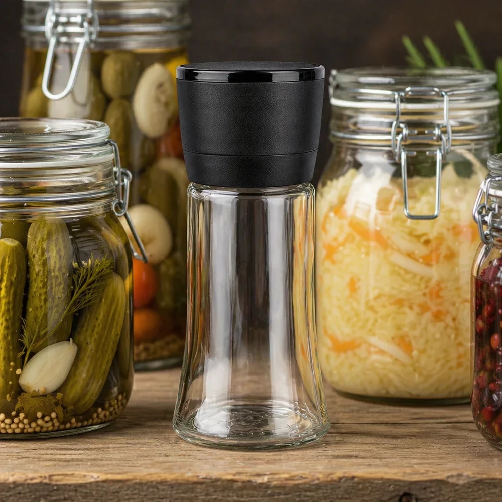 Pot à sel/épices 95 ml avec moulin Vario noir Transparentes Salz- und Pfefferstreuer-Set 95ml mit schwarzer Mühle vor fermentierten Lebensmitteln