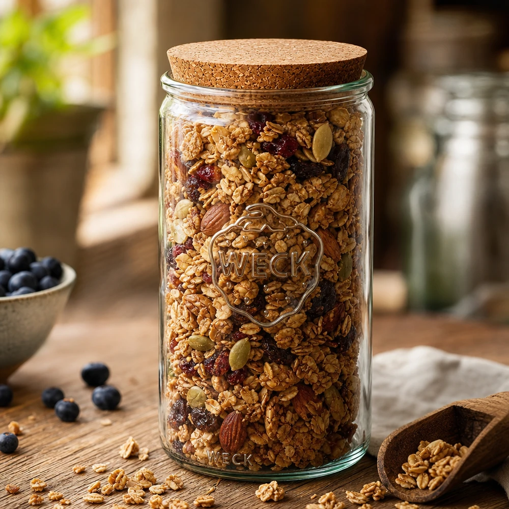 Vaso cilindrico da 1590 ml WECK RR100 con tappo in sughero naturale WECK barattolo 1590ml RR100 pieno di muesli noci e frutta secca coperchio di sughero decorazione cucina
