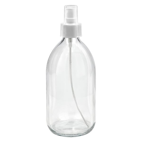 Flacone per medicinali da 500ml trasparente, con pompa erogatrice bianca ApoGlas Flacone per medicinali da 500ml trasparente, con pompa erogatrice bianca ApoGlas