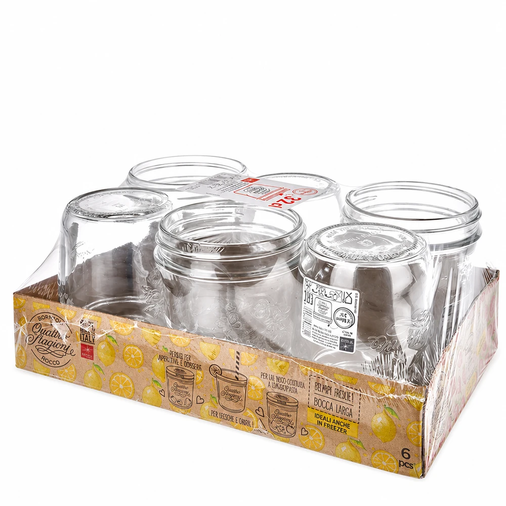 Set di 6 bicchieri Quattro Stagioni da 320 ml in confezione di vendita con coperchi Set di barattoli da conserva Bormioli Rocco
