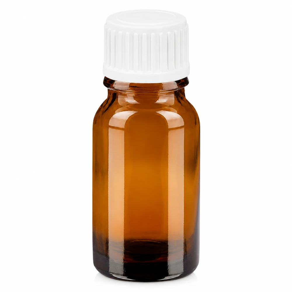 Flacone in vetro da 10 ml, protetto dai raggi UV, di colore marrone con tappo bianco che gocciola con precisione