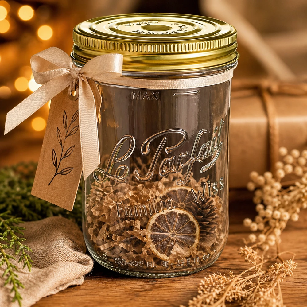 Le Parfait® Familia Wiss 1 kg Ø100 mm vaso Bicchieri Familia Wiss da 1020 ml con coperchio dorato e fiocco beige, riempiti con fette di agrumi essiccati su un coperchio di legno.