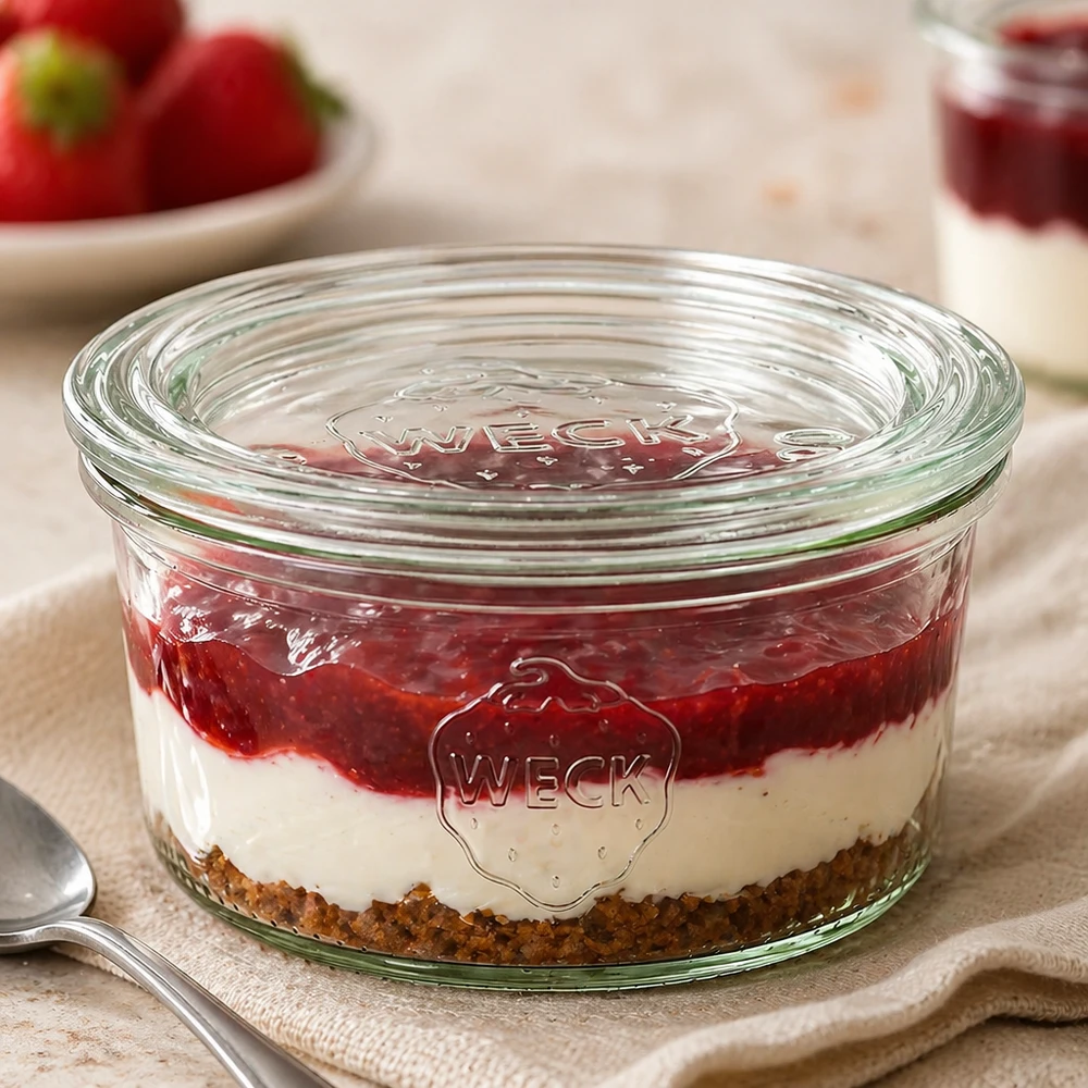 165ml Sturzglas mit Glasdeckel WECK RR80 WECK Sturzglas 165ml RR80 mit geschichtetem Dessert gefüllt zeigt Vielseitigkeit für Süßspeisen und Portionierung