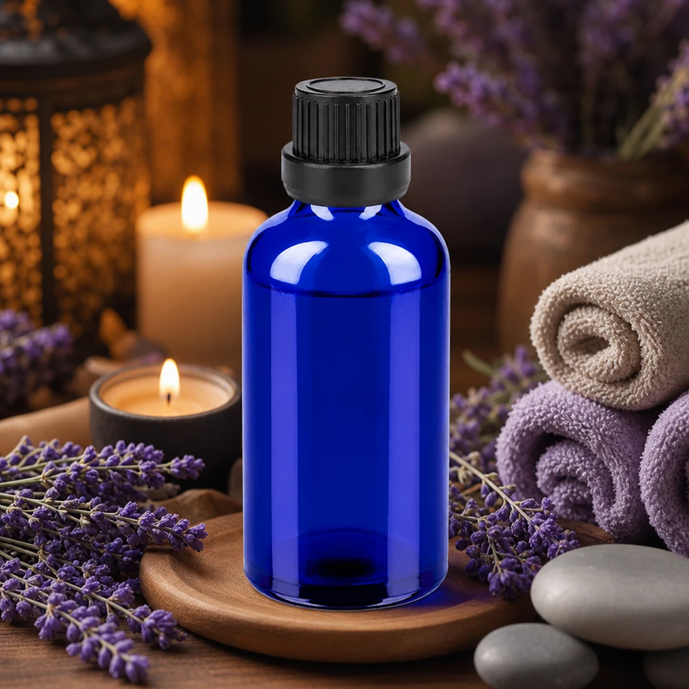 Flacone compatto da 50 ml in vetro blu protetto dai raggi UV con pratico contagocce