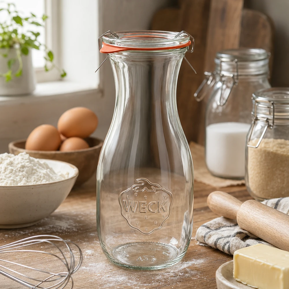 Set completo con bottiglia per succhi da 530 ml WECK RR60 Bottiglia di succo WECK 530ml RR60 in ambiente di cucina con ingredienti da forno uova farina e burro su piano di lavoro in legno