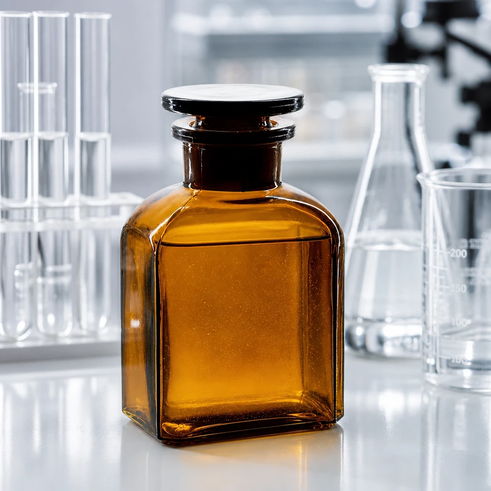 Fiaschetta quadrata in vetro ambrato da 150 ml a collo largo con tappo di vetro, tra il matraccio di Erlenmeyer e le provette