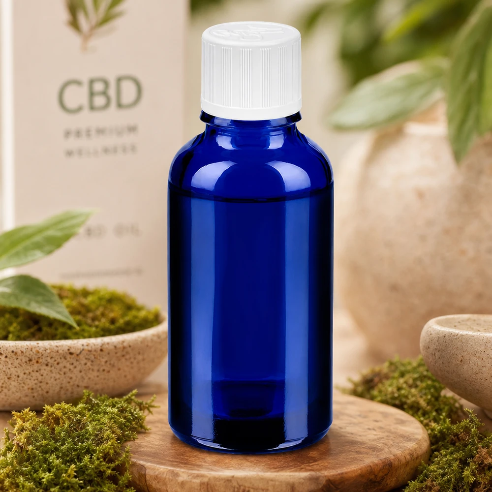 Flacone da laboratorio da 30 ml in vetro blu con protezione UV e tappo bianco per principi attivi sensibili