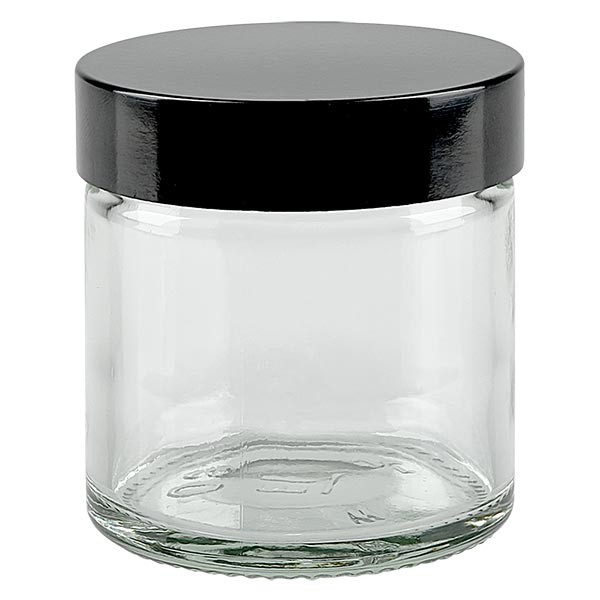 Barattolo di vetro da 60ml trasparente, con coperchio in bachelite nera ApoGlas Barattolo di vetro da 60ml trasparente, con coperchio in bachelite nera ApoGlas