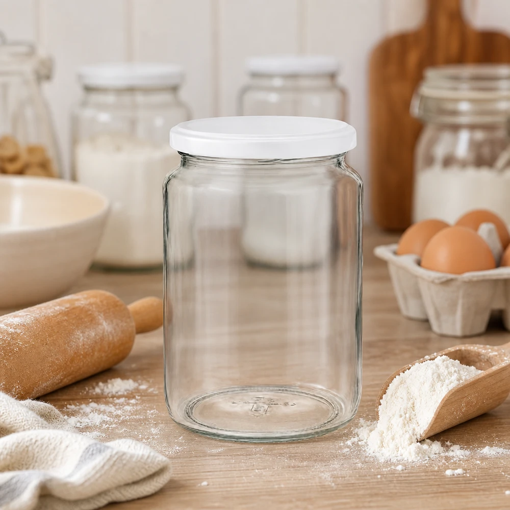 Barattolo rotondo UNiTWIST da 795 ml in scena in cucina con ingredienti da forno mostra l'uso versatile come barattolo per la conservazione della farina