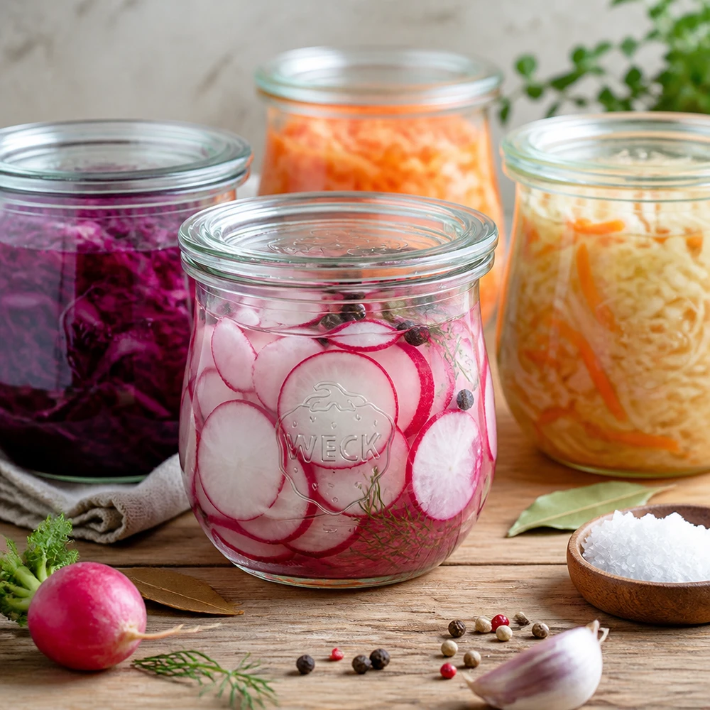 Barattolo a tulipano da 370 ml con coperchio in vetro WECK RR80 Vaso a tulipano WECK 370ml RR80 con ravanelli sottaceto e verdure fermentate su un tavolo di legno con spezie