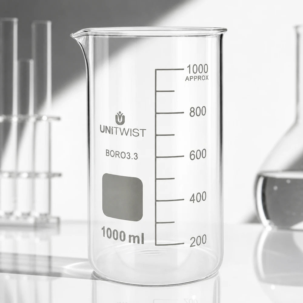 Bicchiere 1000ml borosilicato, stampo alto UNITWIST UNITWIST Bicchiere da laboratorio da 1000 ml, forma alta, borosilicato 3.3, trasparente, vuoto, con graduazione su sfondo bianco