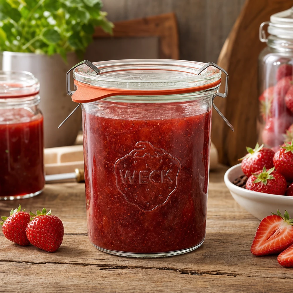 Barattolo da 160ml completo WECK RR60 Barattolo da conserva WECK da 160 ml riempito di marmellata di fragole su tavolo di legno con fragole fresche e ambiente di cucina