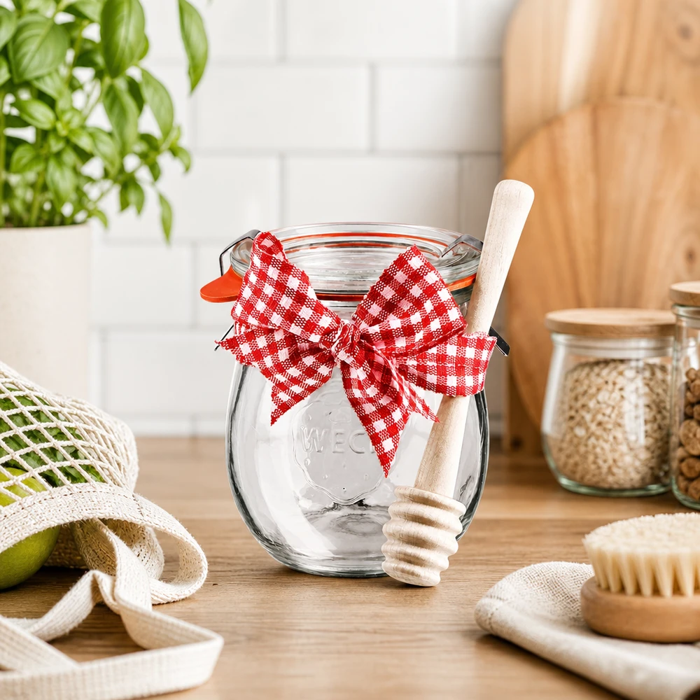 WECK mini vaso a tulipano 220ml completo di cucchiaio per miele Barattolo WECK mini tulipano 220ml in cucina sostenibile con cucchiaio in legno, fiocco rosso e bianco e accessori ecologici