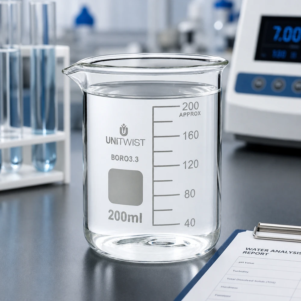 Bicchiere da 200 ml in borosilicato, stampo basso UNiTWIST Bicchiere da laboratorio trasparente da 200 ml in borosilicato 3.3 di UNiTWIST, accanto al rapporto di analisi dell'acqua redatto dal laboratorio di prova