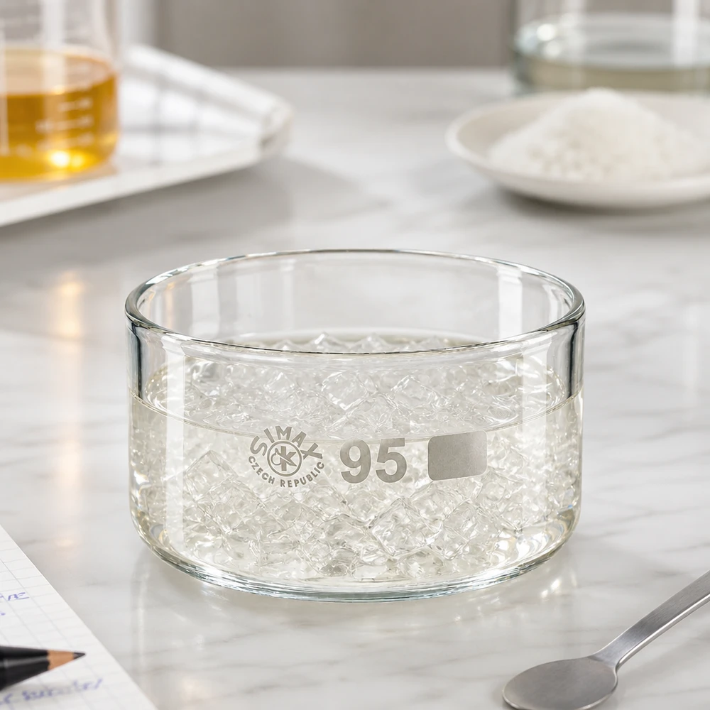 Piatto per cristallizzazione da 300ml senza beccuccio Bo. ø95mm Ciotola di cristallizzazione da 300 ml riempita con perle di gel trasparenti; vetro borosilicato Simax; ciotola da laboratorio