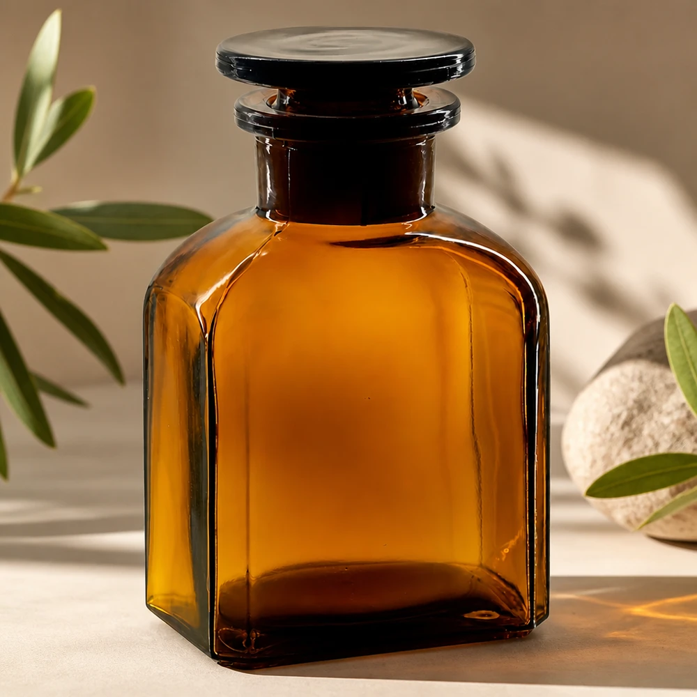 Flacone opaco da 150 ml, di forma quadrata, con ampia apertura e tappo in vetro ambrato per prodotti chimici da laboratorio