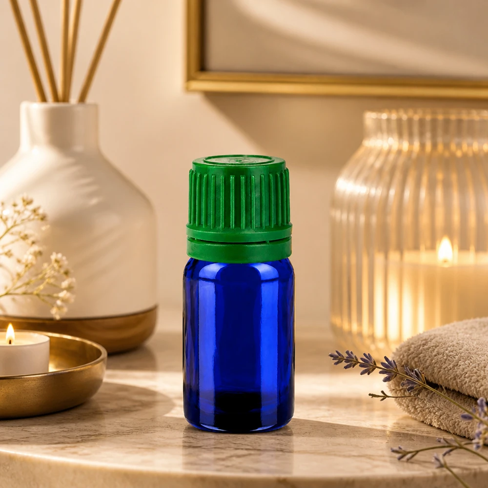 Flacone in vetro da 5 ml con vetro blu a protezione della luce e tappo verde a prova di perdite