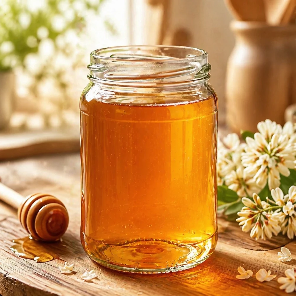 UNiTWIST Runda305 Rundglas 305ml TO63 mit Honig gefüllt auf Holztisch neben Honiglöffel und weißen Blüten