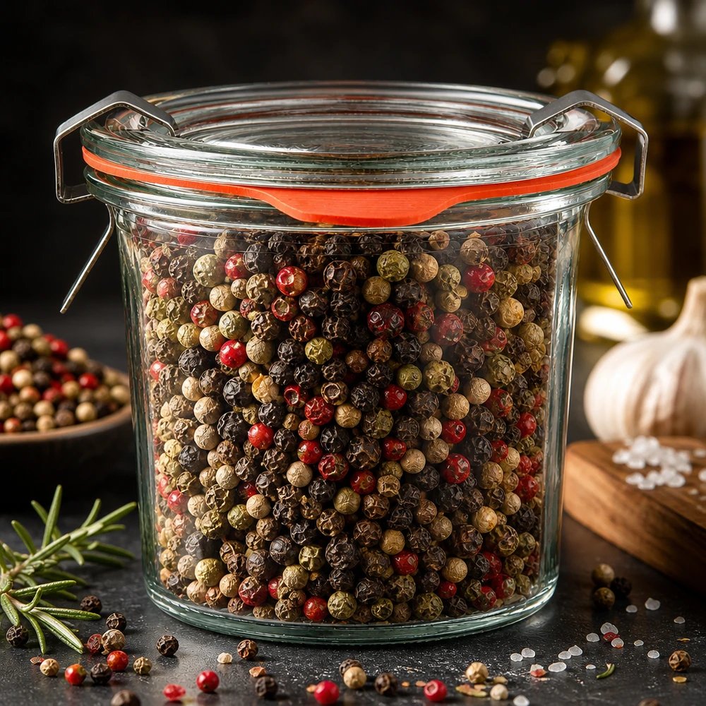 Idea barattolo per spezie: WECK mini mason jar 140ml Vaso in vetro WECK da 140 ml con miscela “Five Pepper”, anello di tenuta arancione e staffe in acciaio inossidabile
