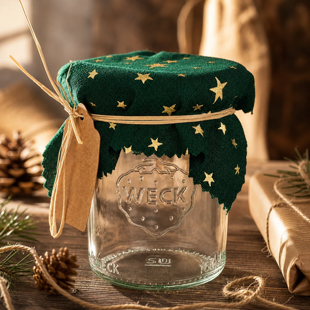 Centrino per gioielli in tessuto verde "stelle" 12cm quadrato Decorazione natalizia con centrino verde a forma di stella 12 cm su vaso Weck tra pigne e regali