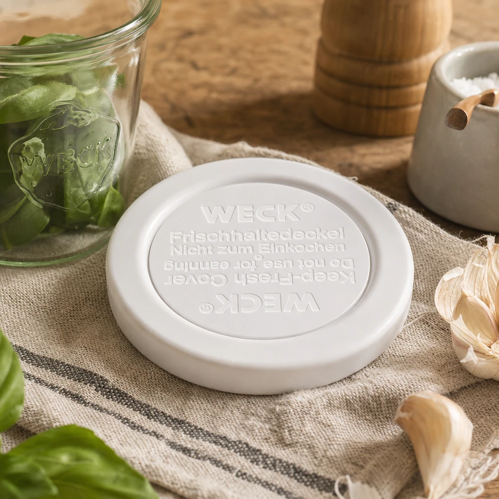 Coperchio WECK/REX Keep Fresh RR40 WECK Frischhaltedeckel RR40 auf Küchentuch mit frischen Kräutern im Glas und Knoblauch für natürliche Küchendeko