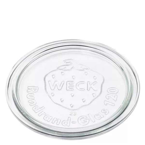WECK Glasdeckel RR120 aus transparentem Glas mit geprägtem WECK Logo und Rundrand-Glas 120 Aufschrift