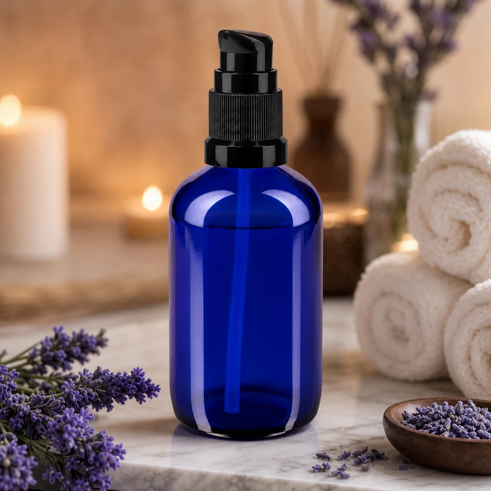 Apothekenflasche blau 100ml PumpVerschluss schwarz Standard UV-Schutz Glasflasche 100ml in Blau mit Pumpverschluss ideal für ätherische Öle
