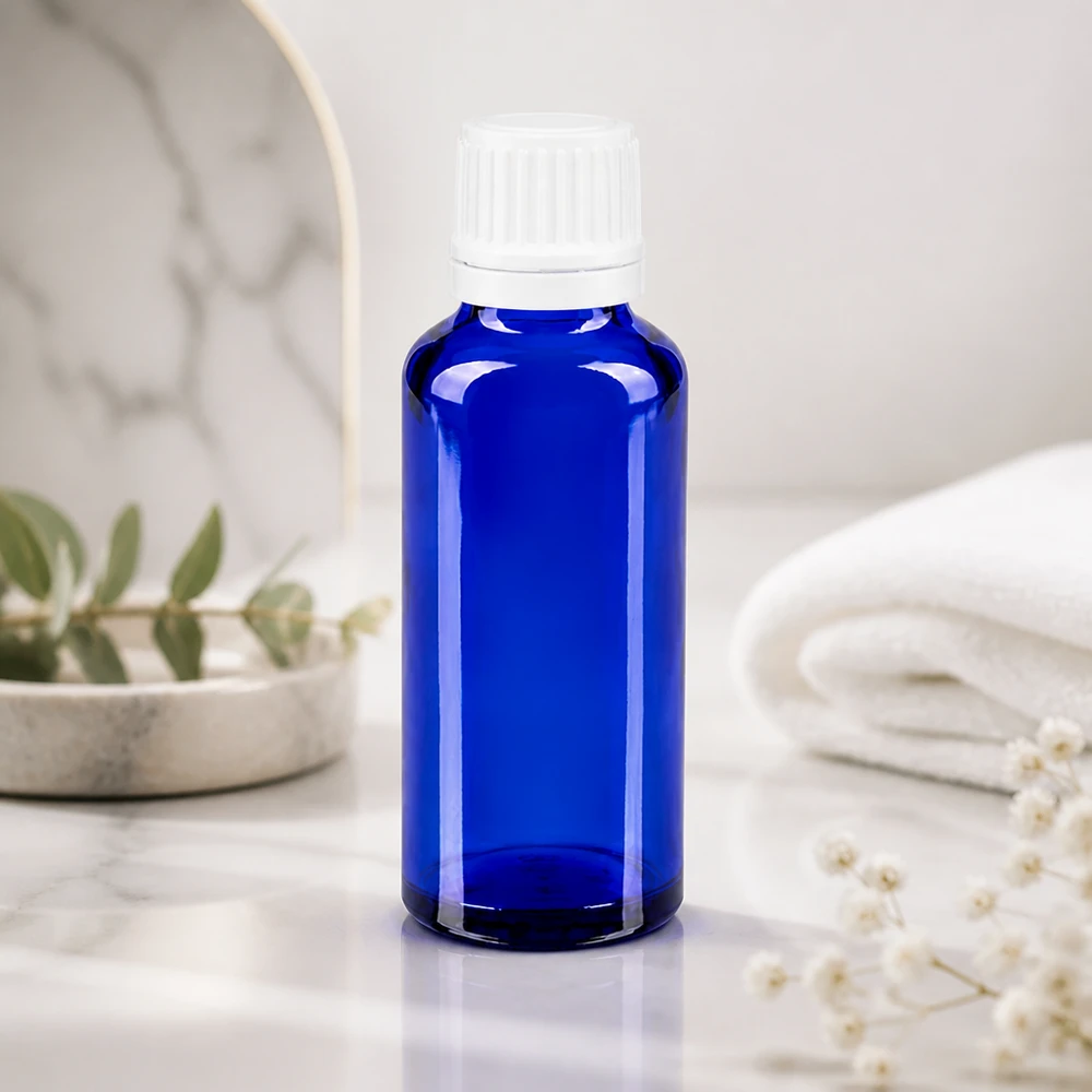 Apothekenflasche blau 30ml Tropfverschluss 1.2mm weiß Originalitätsverschluss Apothekerflasche 30ml in Kobaltblau mit kindersicherem weißen Tropfverschluss für Laboranwendungen
