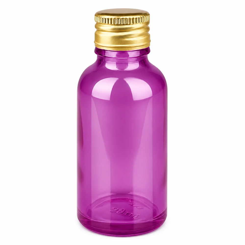 Flacon 30ml bouchon à visser 11mm alu-or standard PurpleLine. UT18/30 Bouteille ronde de 30 ml à l'aspect pourpre avec bouchon doré pour les compléments alimentaires liquides