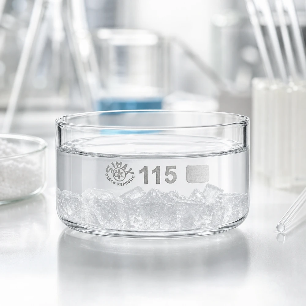 Coupelle de cristallisation 500 ml sans bec verseur Cuve de cristallisation SIMAX de 500 ml en verre borosilicaté, remplie de glaçons au laboratoire